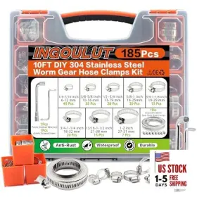 Ingoulut Ingoulut-1199-z 185pcs Stainless Steel Hose Clamps Assortment Kit 1/4 Inch To 2 6 10ft