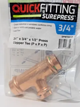 Quick Fitting Spwt221r 1 Pc 3/4 Inch Press Copper Tee X 1/2 Pxpxp #spwt221r Quick Fitting Spwt221r 1 Pc 3/4 Inch Press Copper Tee X 1/2 Pxpxp #spwt221r